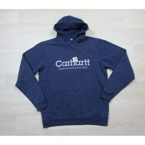 Vintage Carhartt Hoodie Youth (XL) "Hard at Work" Graphic Logo Y2K Navy Blue